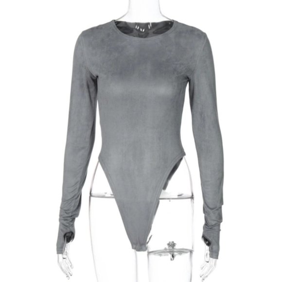 New Grey Long Sleeve Thong Back High Cut Leg Bodysuit - Picture 5 of 5